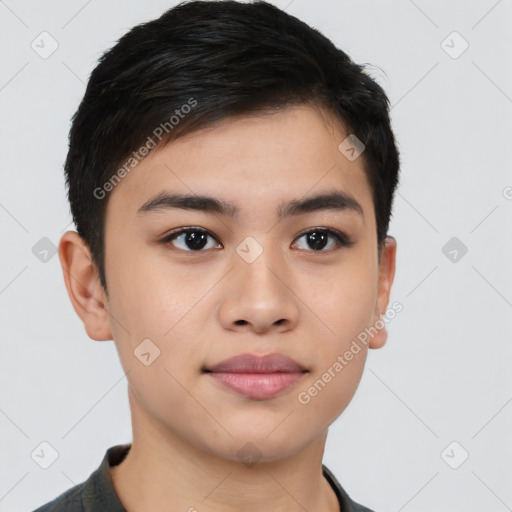 Joyful latino young-adult male with short  brown hair and brown eyes