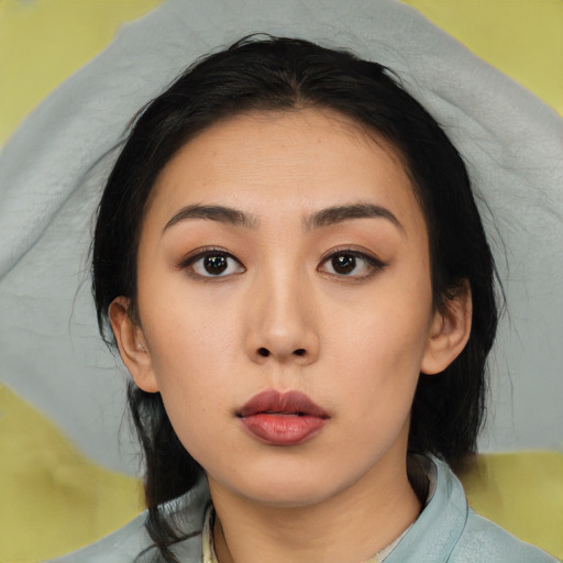 Neutral asian young-adult female with medium  black hair and brown eyes