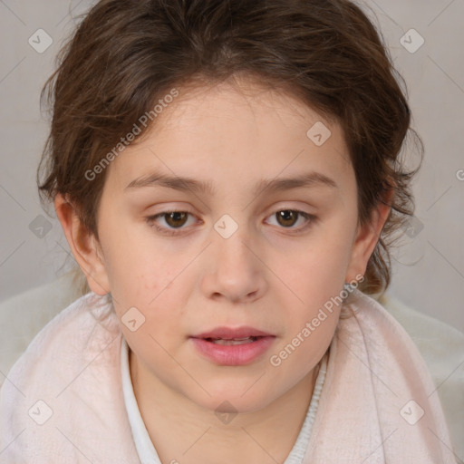 Joyful white child female with medium  brown hair and brown eyes