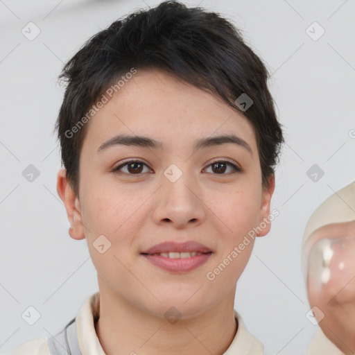 Joyful white young-adult female with short  brown hair and brown eyes