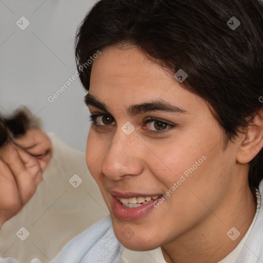 Joyful white young-adult female with short  brown hair and brown eyes