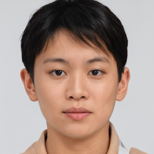 Neutral asian young-adult female with short  brown hair and brown eyes