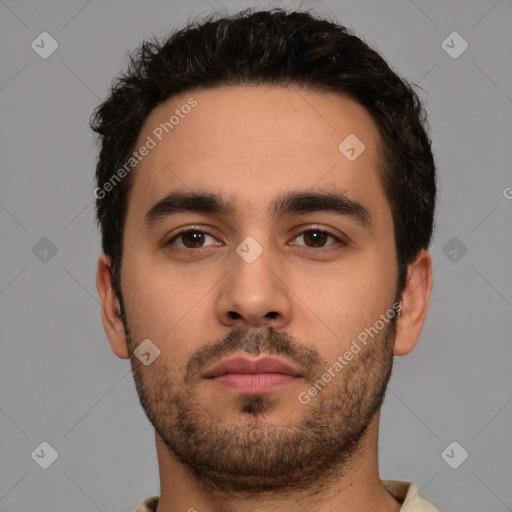 Neutral white young-adult male with short  brown hair and brown eyes