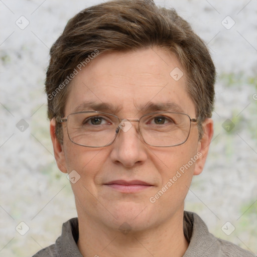 Joyful white adult male with short  brown hair and grey eyes