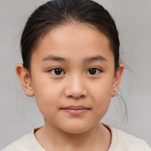 Joyful white child female with medium  brown hair and brown eyes