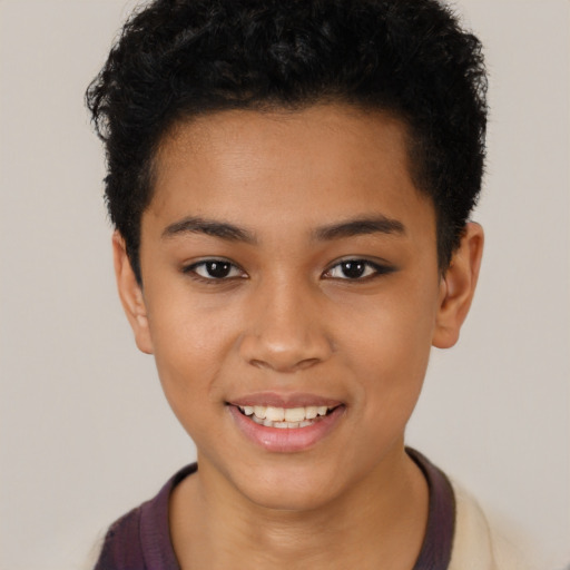 Joyful latino young-adult female with short  black hair and brown eyes