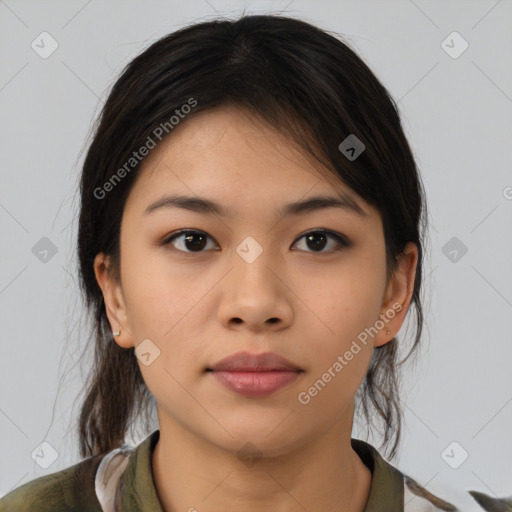 Neutral asian young-adult female with medium  brown hair and brown eyes