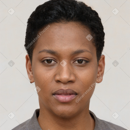 Neutral black young-adult female with short  black hair and brown eyes