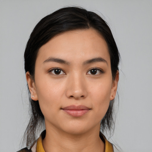 Neutral asian young-adult female with medium  black hair and brown eyes