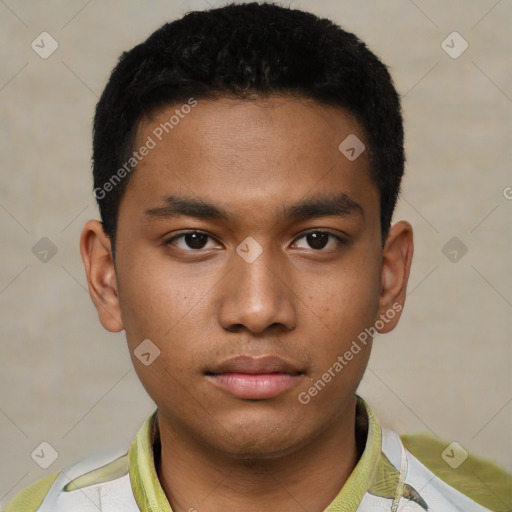 Neutral latino young-adult male with short  brown hair and brown eyes