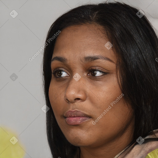 Joyful asian young-adult female with medium  black hair and brown eyes
