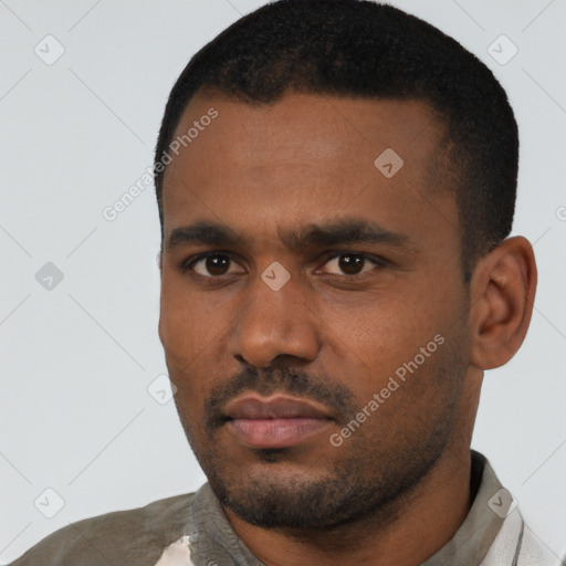 Neutral black young-adult male with short  black hair and brown eyes