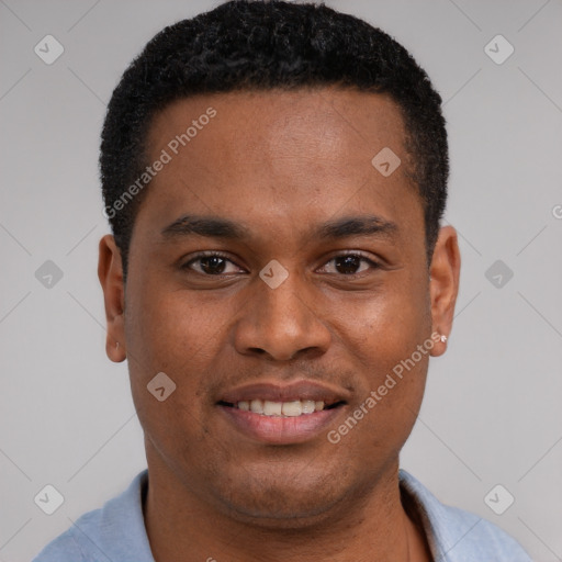 Joyful latino young-adult male with short  brown hair and brown eyes