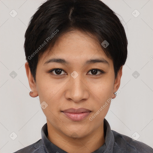 Joyful latino young-adult female with short  brown hair and brown eyes