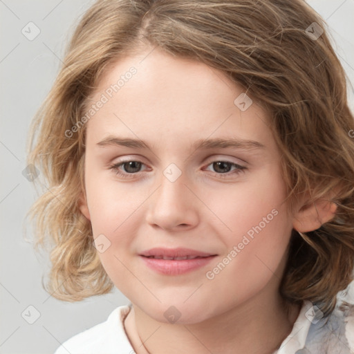 Joyful white child female with medium  brown hair and brown eyes