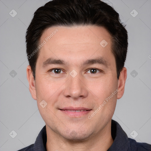 Joyful white young-adult male with short  black hair and brown eyes