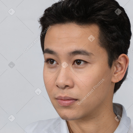 Neutral asian young-adult male with short  black hair and brown eyes