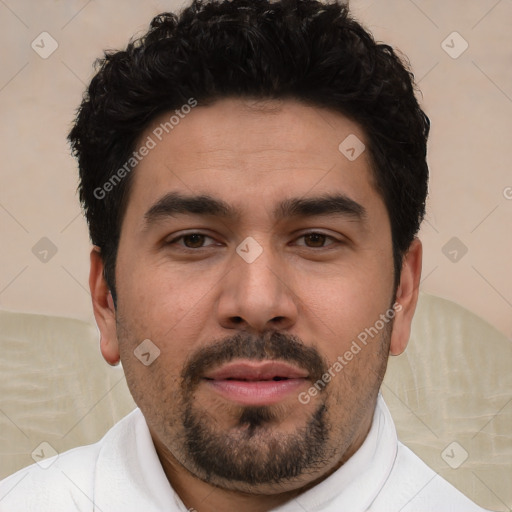 Neutral white young-adult male with short  black hair and brown eyes