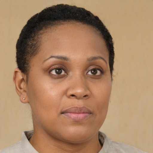 Joyful black young-adult female with short  brown hair and brown eyes