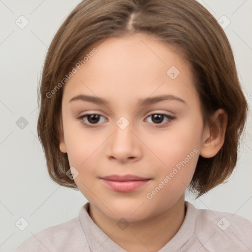 Joyful white child female with medium  brown hair and brown eyes