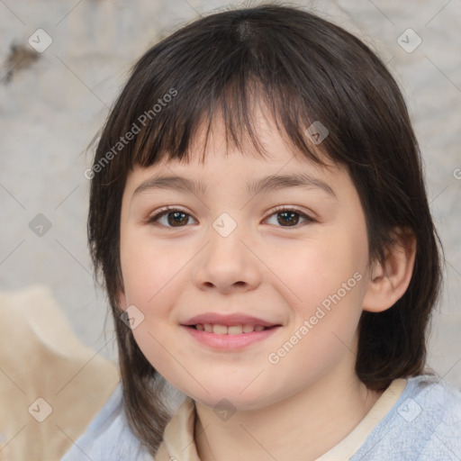 Joyful white child female with medium  brown hair and brown eyes