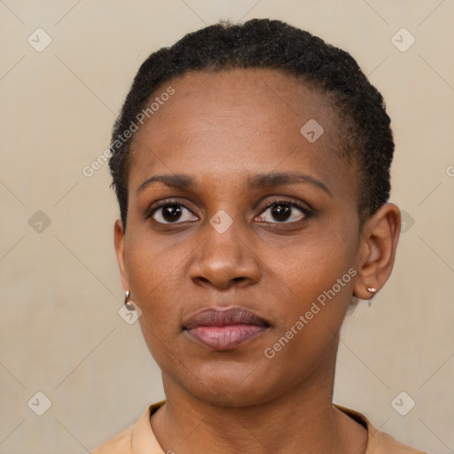 Neutral black young-adult female with short  black hair and brown eyes