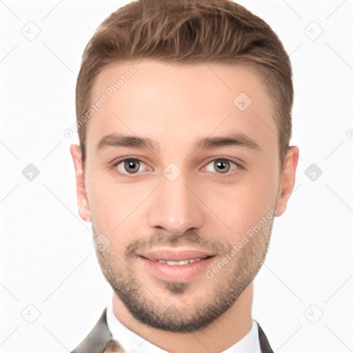 Joyful white young-adult male with short  brown hair and brown eyes