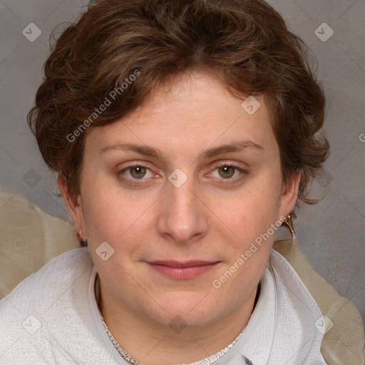 Joyful white young-adult female with medium  brown hair and blue eyes