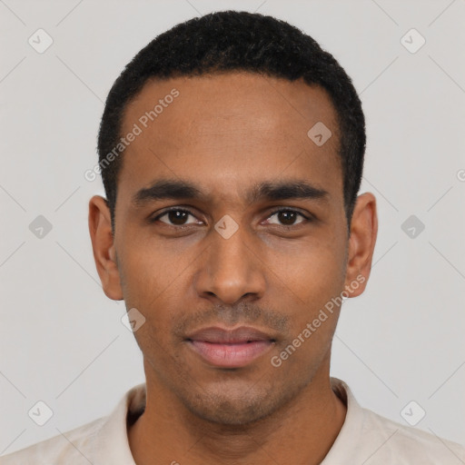 Neutral latino young-adult male with short  black hair and brown eyes