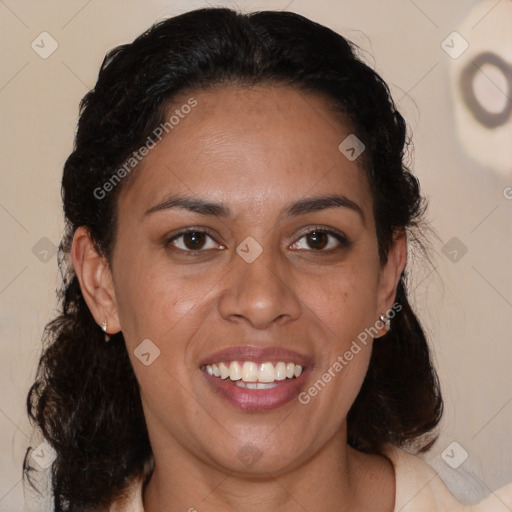 Joyful black young-adult female with medium  brown hair and brown eyes