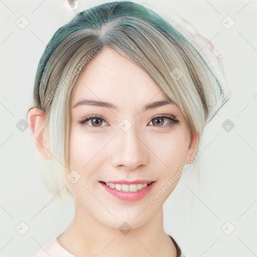 Joyful white young-adult female with medium  brown hair and blue eyes