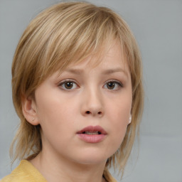 Neutral white child female with medium  brown hair and blue eyes