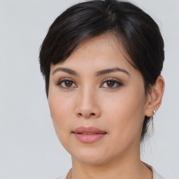 Neutral asian young-adult female with medium  brown hair and brown eyes