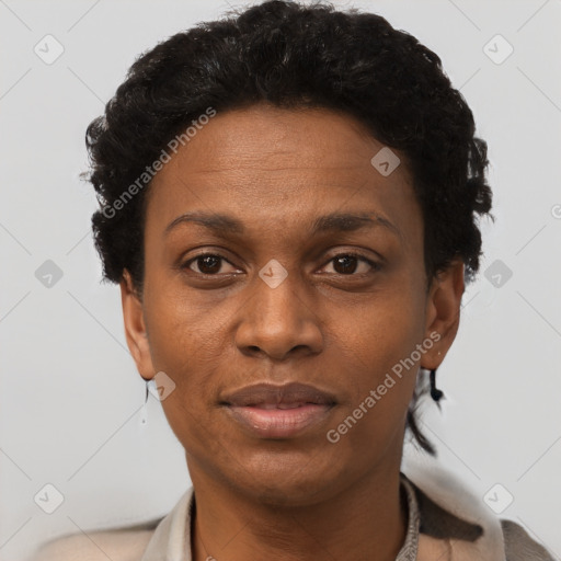 Joyful black adult female with short  brown hair and brown eyes