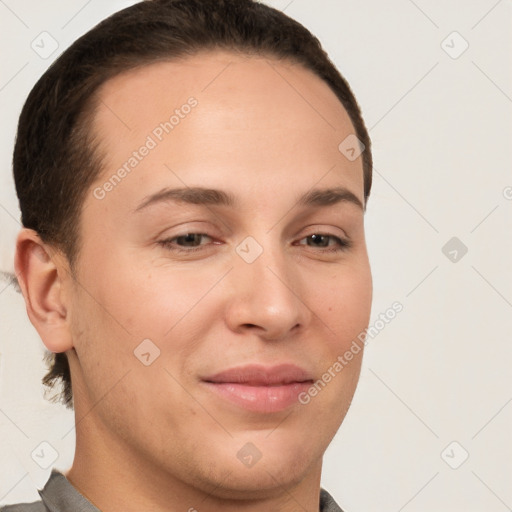 Joyful white young-adult female with short  brown hair and brown eyes