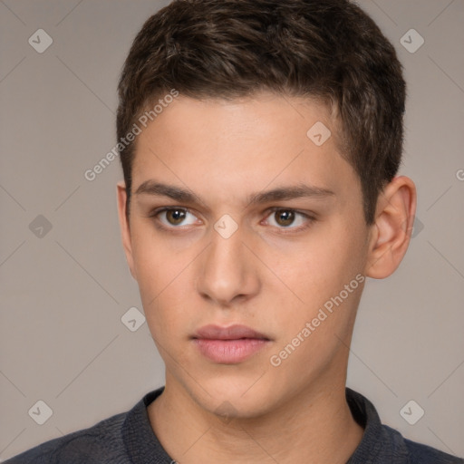 Neutral white young-adult male with short  brown hair and brown eyes