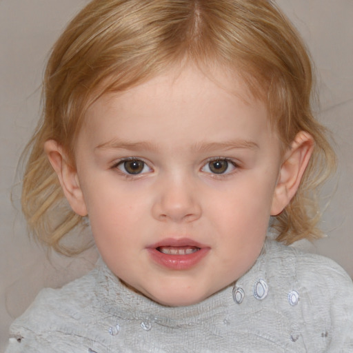 Neutral white child female with medium  brown hair and blue eyes