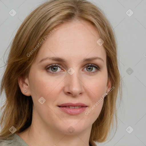 Joyful white young-adult female with medium  brown hair and blue eyes