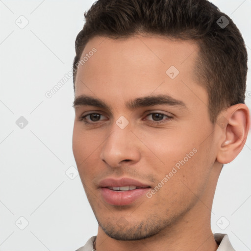 Neutral white young-adult male with short  brown hair and brown eyes