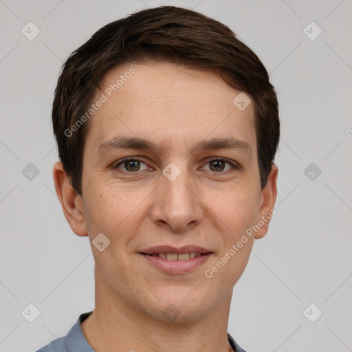 Joyful white adult female with short  brown hair and brown eyes