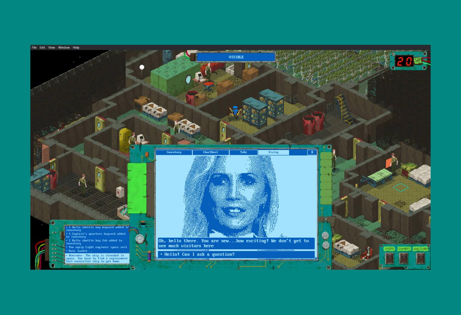 Space Wreck isometric RPG dialogue screen with female NPC in retro blue pixelated interface