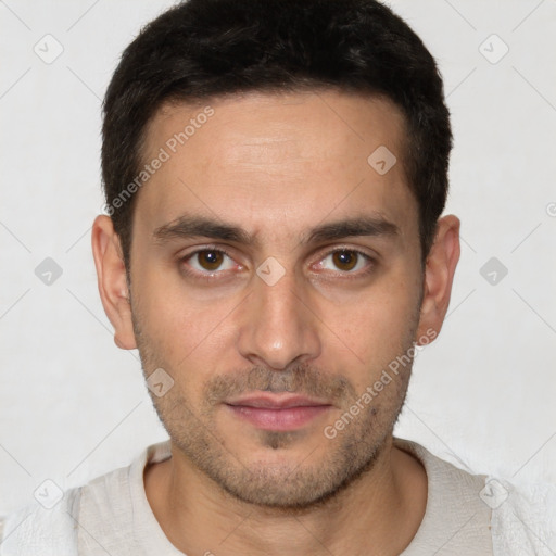 Joyful white young-adult male with short  brown hair and brown eyes