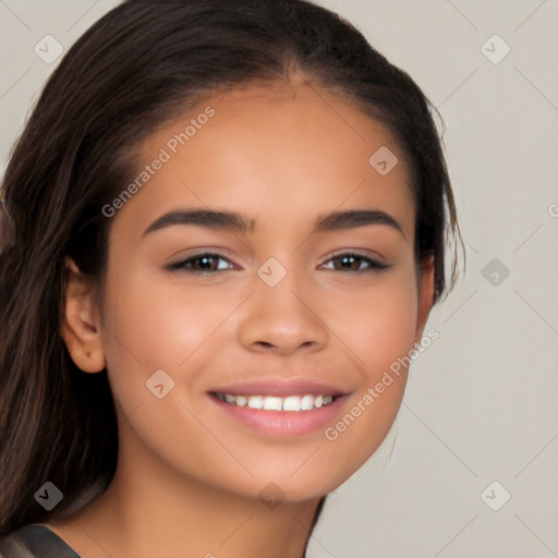 Joyful latino young-adult female with long  brown hair and brown eyes