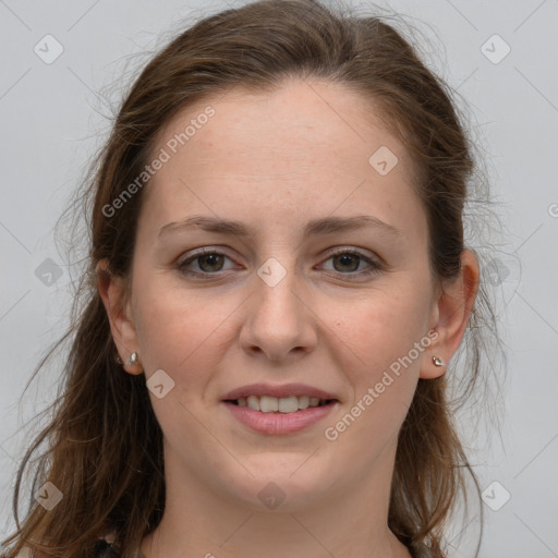 Joyful white young-adult female with long  brown hair and grey eyes