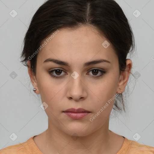 Neutral white young-adult female with medium  brown hair and brown eyes