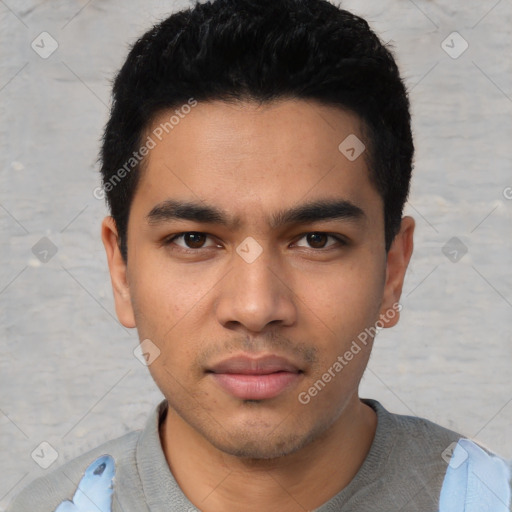 Neutral asian young-adult male with short  black hair and brown eyes