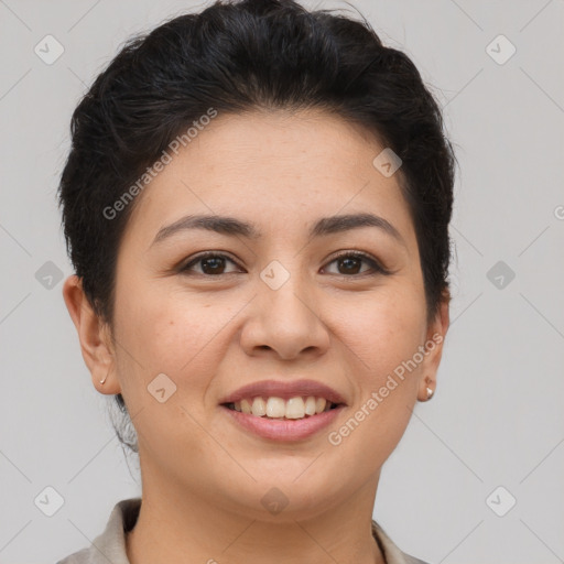 Joyful asian young-adult female with short  brown hair and brown eyes