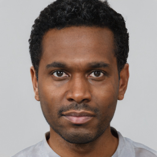 Neutral black young-adult male with short  black hair and brown eyes