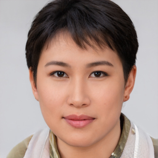Neutral asian young-adult female with short  brown hair and brown eyes
