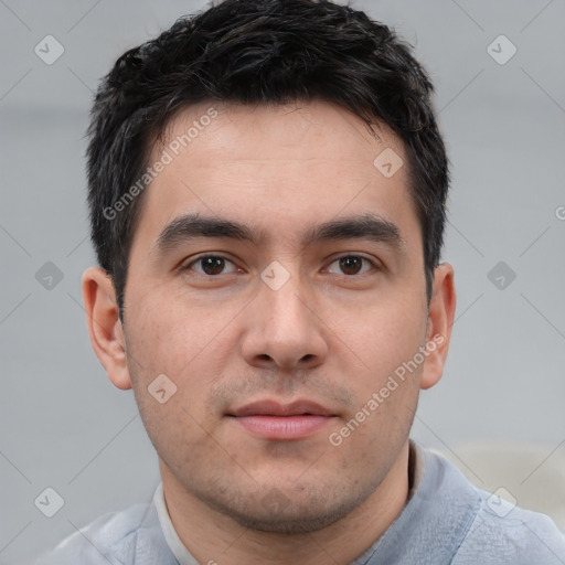 Neutral white young-adult male with short  brown hair and brown eyes